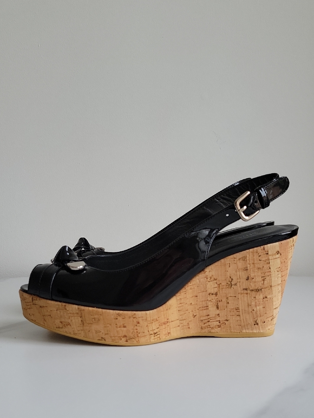 Stuart Weitzman Black Patent Cork Wedge Slingback Peep-Toe Heels